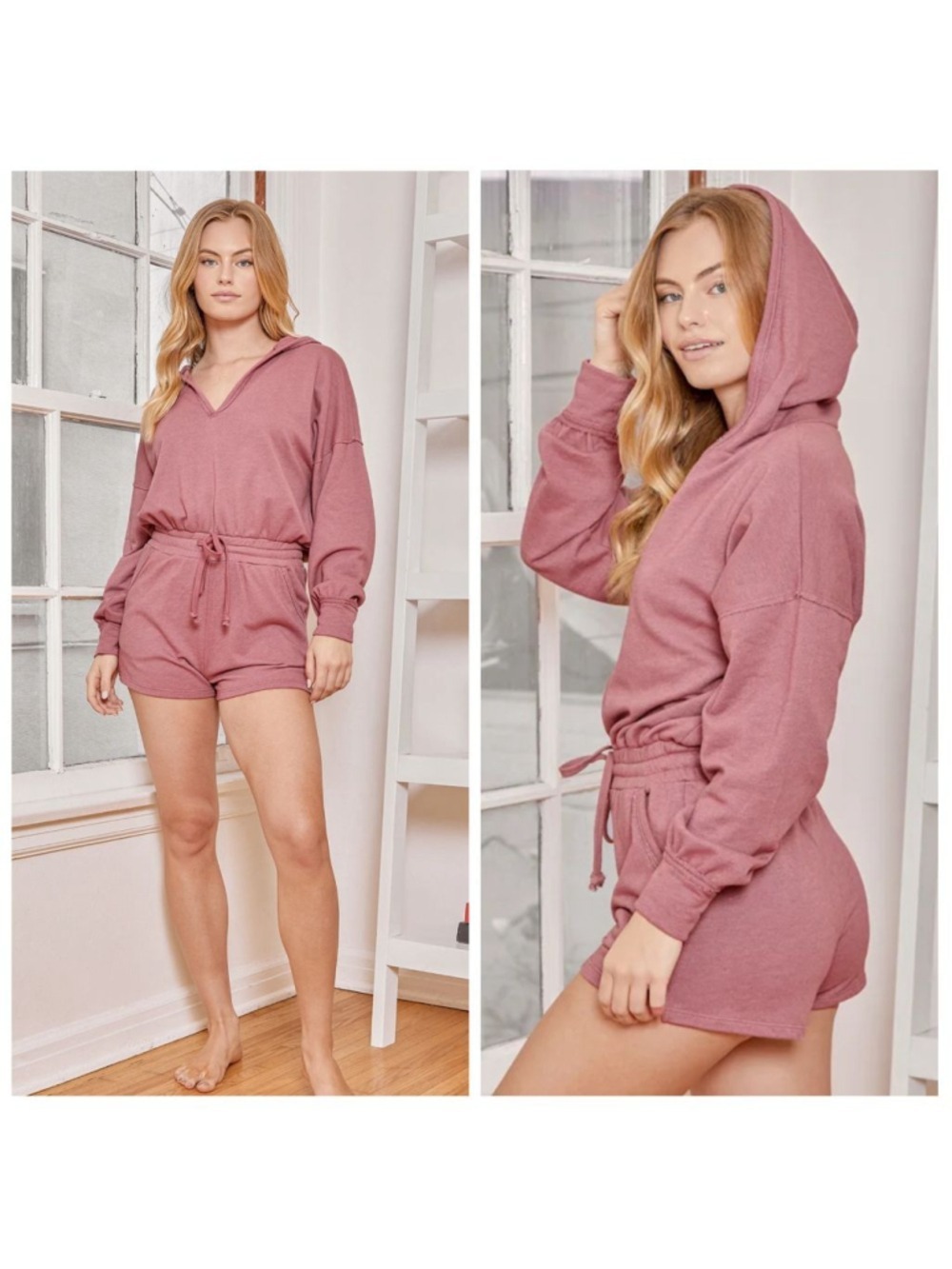 NWT Lulus Relaxed Agenda Mauve Pink Hooded Lounge Romper Size Large Cozy One Pie